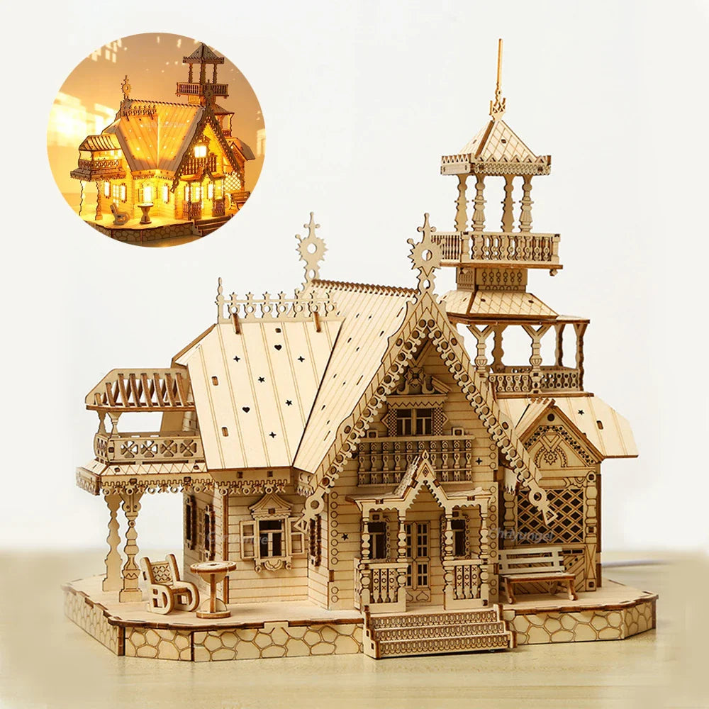 Estrelik™ | DIY Villa 3D Wooden Model Kit with Light Castle Puzzles Assembly Desk Decoration