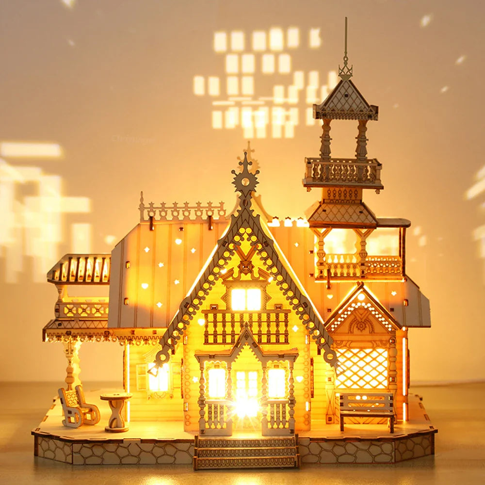 Estrelik™ | DIY Villa 3D Wooden Model Kit with Light Castle Puzzles Assembly Desk Decoration
