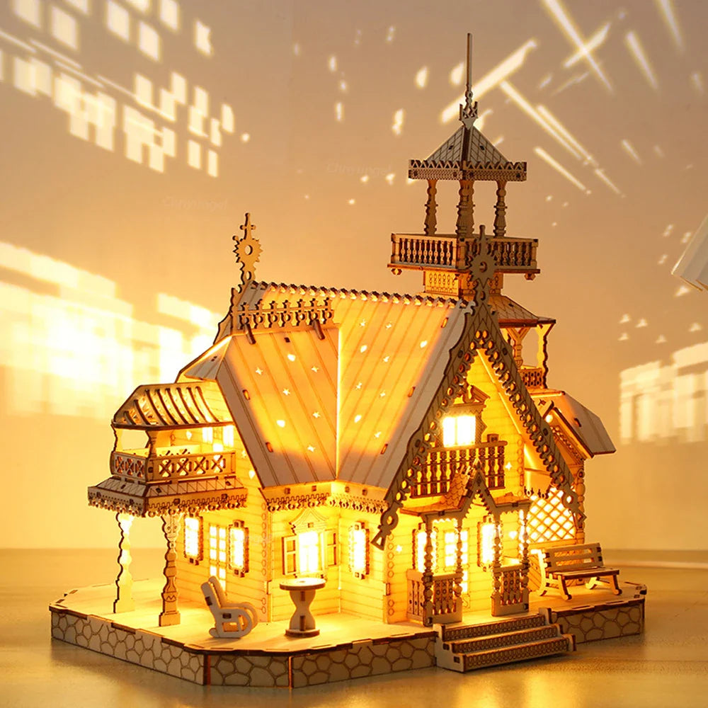 Estrelik™ | DIY Villa 3D Wooden Model Kit with Light Castle Puzzles Assembly Desk Decoration