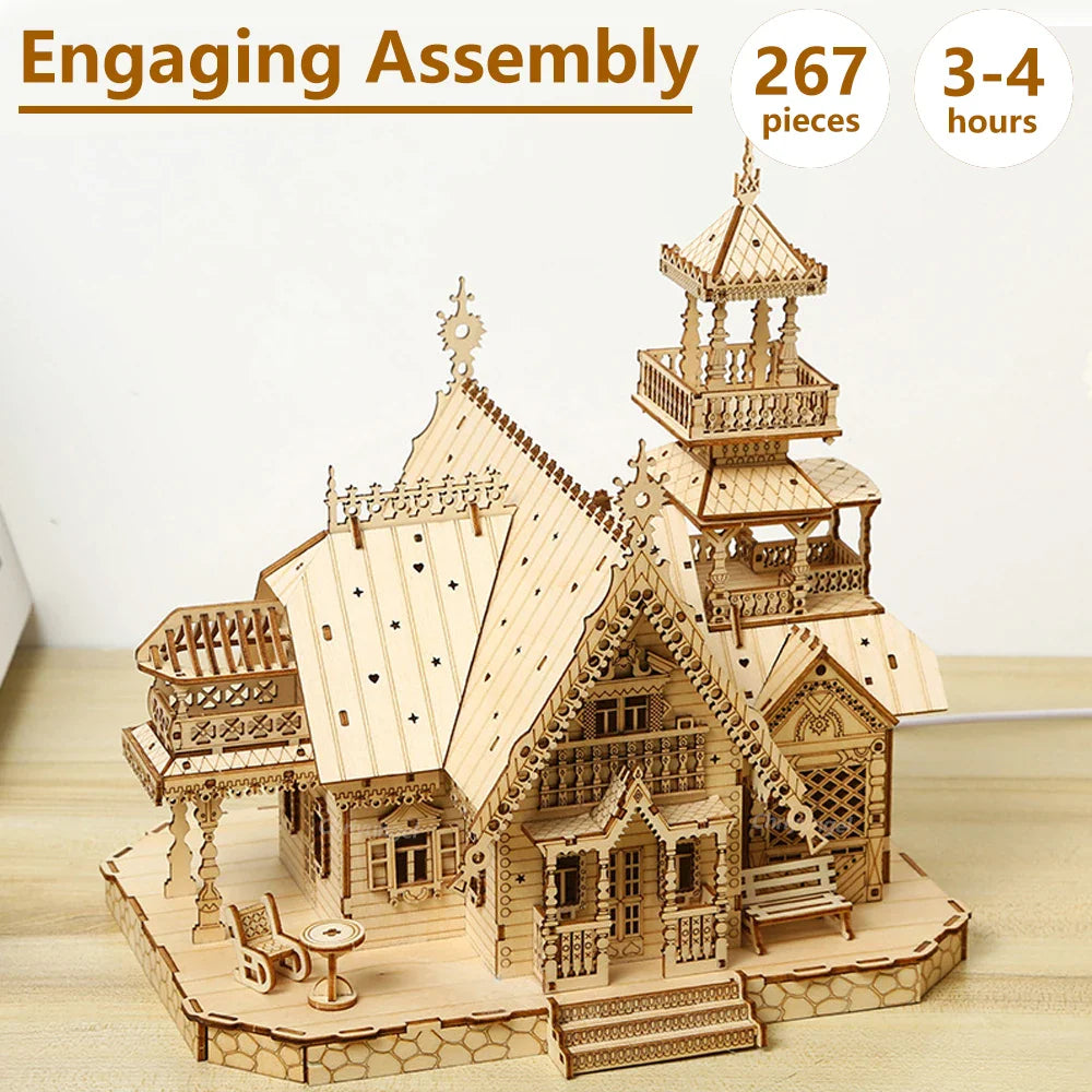 Estrelik™ | DIY Villa 3D Wooden Model Kit with Light Castle Puzzles Assembly Desk Decoration