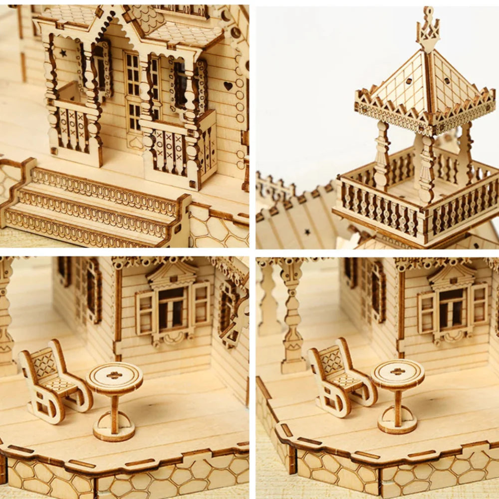 Estrelik™ | DIY Villa 3D Wooden Model Kit with Light Castle Puzzles Assembly Desk Decoration