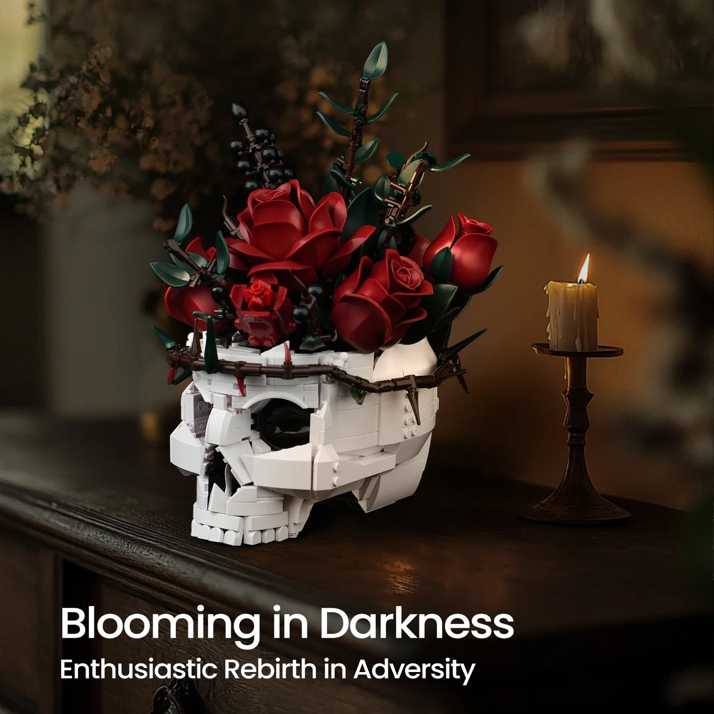 Skull Flowers Building Blocks Set - Gothic Roses Bouquet Toy Skeleton Planter Pot Floral Decor Halloween Gifts