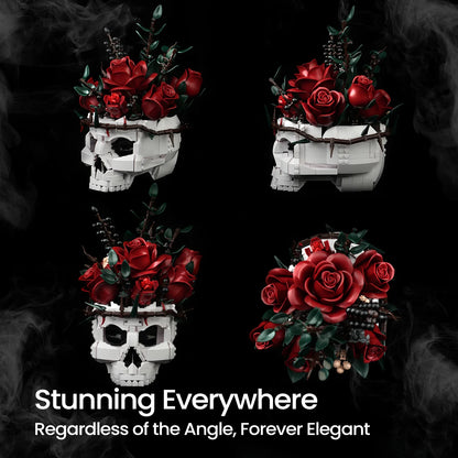 Skull Flowers Building Blocks Set - Gothic Roses Bouquet Toy Skeleton Planter Pot Floral Decor Halloween Gifts