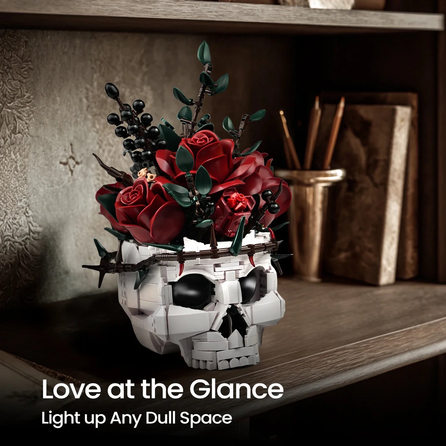 Skull Flowers Building Blocks Set - Gothic Roses Bouquet Toy Skeleton Planter Pot Floral Decor Halloween Gifts